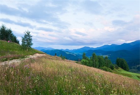 simsearch:400-05737744,k - Dirty road through the evening flowering grassland in mountain and family on hill Stock Photo - Budget Royalty-Free & Subscription, Code: 400-05904007