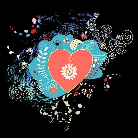 bright greeting card with Valentine's Day with heart and floral pattern on a black background Stock Photo - Budget Royalty-Free & Subscription, Code: 400-05904421