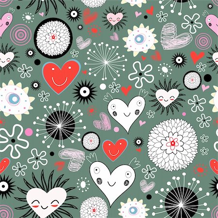 seamless pattern of flowers and hearts of fun on a dark background Stock Photo - Budget Royalty-Free & Subscription, Code: 400-05904422