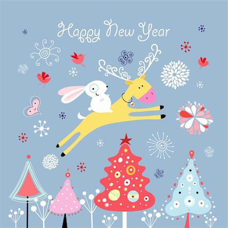 simsearch:400-05903131,k - Bright Christmas card with a deer and a hare on a blue background with snowflakes and Christmas trees Fotografie stock - Microstock e Abbonamento, Codice: 400-05904866