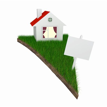House and slae sign on pizza shaped piece of land with grass isolated on white (with work path) Stock Photo - Budget Royalty-Free & Subscription, Code: 400-05905559