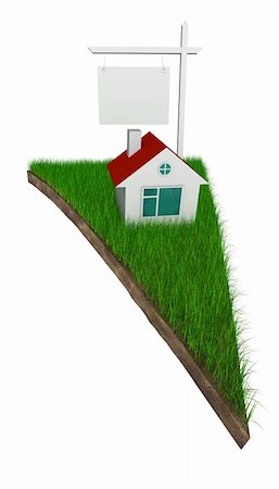 House and slae sign on pizza shaped piece of land with grass isolated on white (with work path) Stock Photo - Budget Royalty-Free & Subscription, Code: 400-05905561