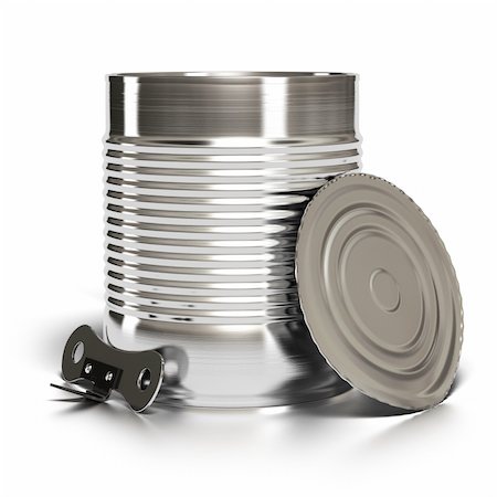 empty food can - Metal tin can over white background with lid and can opener installed against it Stock Photo - Budget Royalty-Free & Subscription, Code: 400-05905574