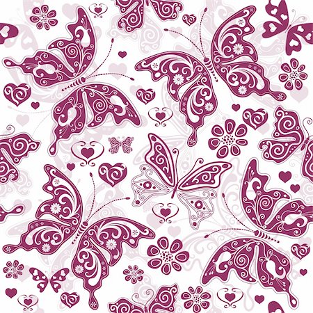 simsearch:400-05922161,k - White and purple  seamless floral valentine pattern with butterflies and hearts (vector) Photographie de stock - Aubaine LD & Abonnement, Code: 400-05906226