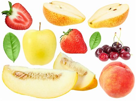 peach slice - Set of fresh fruits and berryes. Isolated on white background. Close-up. Studio photography. Stock Photo - Budget Royalty-Free & Subscription, Code: 400-05906235