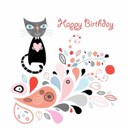 drawing designs for greeting card - Bright abstract greeting card with a cat on a white background Stock Photo - Budget Royalty-Free & Subscription, Code: 400-05906248