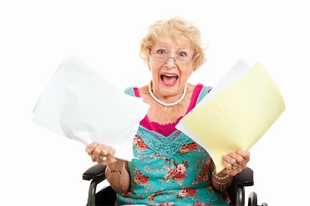 sad old lady - Disabled senior woman screaming in frustration about her medical bills.  Isolated on white. Stock Photo - Budget Royalty-Free & Subscription, Code: 400-05906325