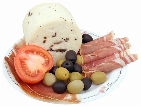 simsearch:400-07572419,k - Truffle cheese, ham, olives and tomato isolated on white background Stock Photo - Budget Royalty-Free & Subscription, Code: 400-05906372