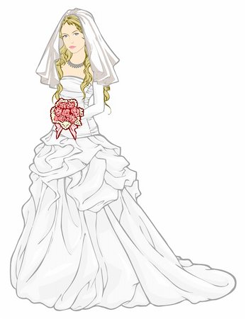 Vector illustration of beautiful bride in a wedding gown and holding a bouquet Stock Photo - Budget Royalty-Free & Subscription, Code: 400-05907221