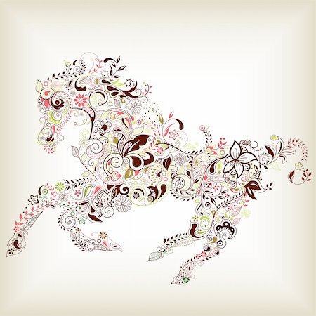 Illustration of abstract horse filled with flowers and leaves. Photographie de stock - Aubaine LD & Abonnement, Code: 400-05907399