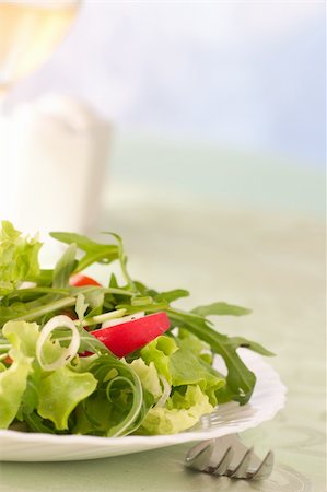 simsearch:400-05890693,k - Healthy vegetable salad with lettuce, spring onion, rocket salad, tomatoes and radish Photographie de stock - Aubaine LD & Abonnement, Code: 400-05907590