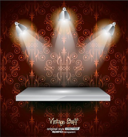 simsearch:400-04821109,k - Shelf with 3 LED spotlights with old dirty look on a vintage seamless wallpaper. Shadows are transparent. Stockbilder - Microstock & Abonnement, Bildnummer: 400-05907817