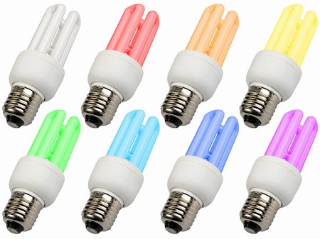 simsearch:400-04472787,k - Set of colored compact lighting lamps for your design. Close-up. Isolated on white. Studio Photography. Photographie de stock - Aubaine LD & Abonnement, Code: 400-05907946