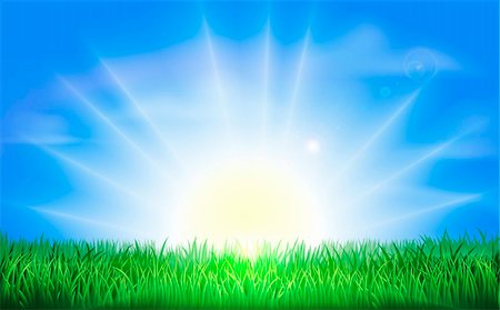 sun over farm field - The sun rising or setting over a beautiful green field of grass with bright blue sky Stock Photo - Budget Royalty-Free & Subscription, Code: 400-05908220