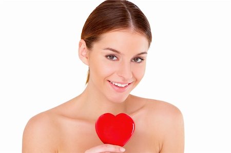 Portrait of beautiful young woman with red heart on white Foto de stock - Super Valor sin royalties y Suscripción, Código: 400-05908756