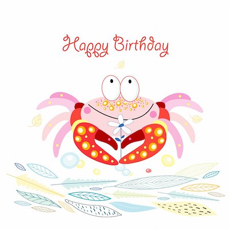 greeting card with a funny pink crabs on a white background with blue leaves Foto de stock - Super Valor sin royalties y Suscripción, Código: 400-05908852