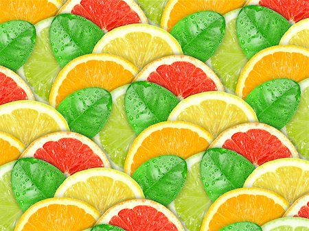 Abstract background with motley citrus-fruit slices and green leaf with dew for your design. Close-up. Studio photography. Stock Photo - Budget Royalty-Free & Subscription, Code: 400-05908907