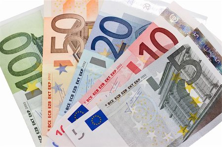 simsearch:400-05911395,k - Close-up of the fan of 5, 10, 20, 50, 100, Euro banknotes on white background Stockbilder - Microstock & Abonnement, Bildnummer: 400-05909181