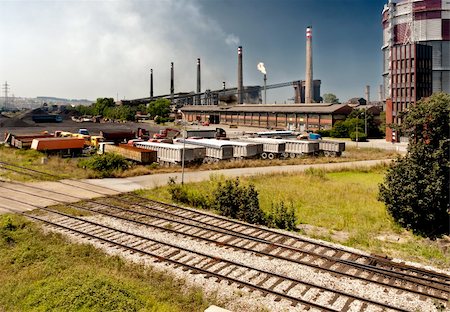 pollution railway images - Industry trucks railway co2 chimney industrial building Stock Photo - Budget Royalty-Free & Subscription, Code: 400-05909201