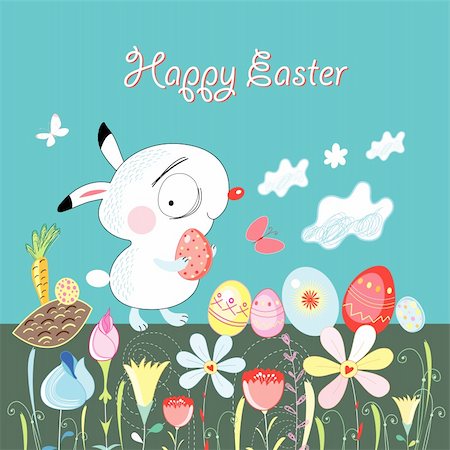 Graphic little Easter Bunny on a blue background with flowers and eggs Stock Photo - Budget Royalty-Free & Subscription, Code: 400-05909402