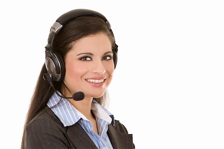 simsearch:400-04233879,k - beautiful brunette wearing headset phone on white background Photographie de stock - Aubaine LD & Abonnement, Code: 400-05909624
