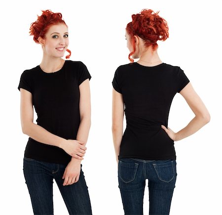 shirt front back model - Young beautiful redhead female with blank black shirt, front and back. Ready for your design or artwork. Stock Photo - Budget Royalty-Free & Subscription, Code: 400-05909904