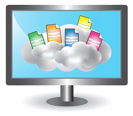 simsearch:400-08967515,k - Cloud Computing concept vector illustration with clouds, documents in the computer monitor Stock Photo - Budget Royalty-Free & Subscription, Code: 400-05900155