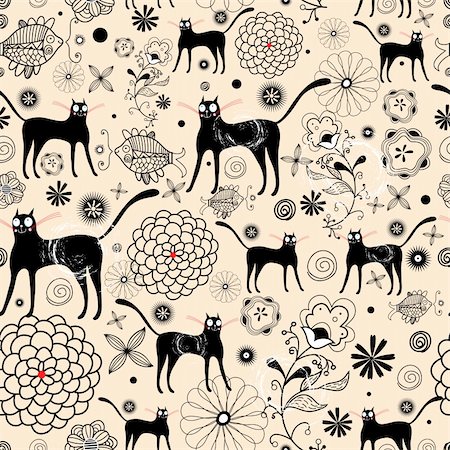 Seamless floral pattern with black cats and fish on a light background Stock Photo - Budget Royalty-Free & Subscription, Code: 400-05900853