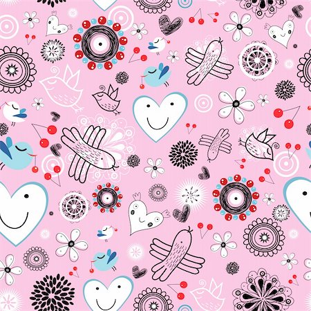 Seamless pattern with cheerful birds and hearts on a pink background Stock Photo - Budget Royalty-Free & Subscription, Code: 400-05901682