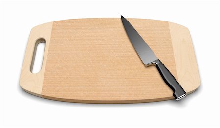 A clean wooden cutting board with a professional kitchen knife on a white background. Fotografie stock - Microstock e Abbonamento, Codice: 400-05901734