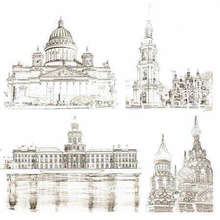 sateda (artist) - Architectural symbols of St. Petersburg, Russia: St. Isaac's Cathedral, St. Nicholas cathedral, Kunstkamera museum and Temple of the Resurrection of Christ (spas na krovi) Stock Photo - Budget Royalty-Free & Subscription, Code: 400-05901877