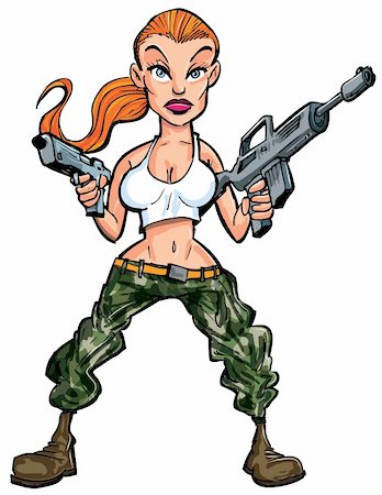 Cartoon female soldier with two guns. Isolated on white Stock Photo - Budget Royalty-Free & Subscription, Code: 400-05901944