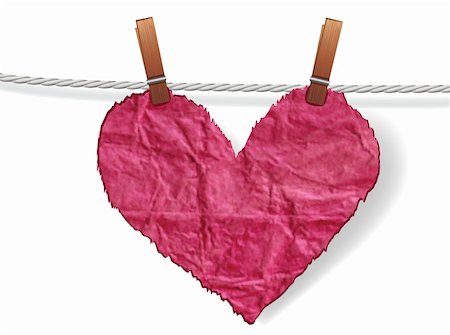 Heart crumpled ragged attached to a clothesline with pin. Love concept for valentine day. Stock Photo - Budget Royalty-Free & Subscription, Code: 400-05901956