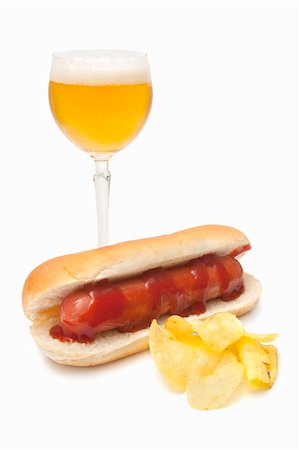 beer, chips and sausage sandwich with tomato isolated on white background Stock Photo - Budget Royalty-Free & Subscription, Code: 400-05902102