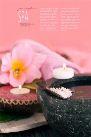 Spa setting in pink tones with mortar and bath salt and copyspace Stock Photo - Budget Royalty-Free & Subscription, Code: 400-05902616
