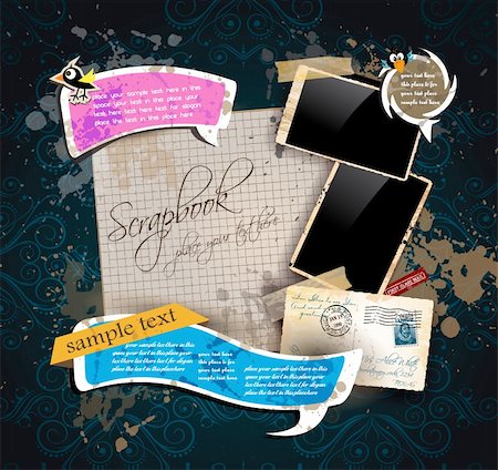 simsearch:400-09098455,k - Vintage scrapbook composition with old style distressed postage design elements and antique photo frames plus some post stickers. Background is wood. Stockbilder - Microstock & Abonnement, Bildnummer: 400-05903155