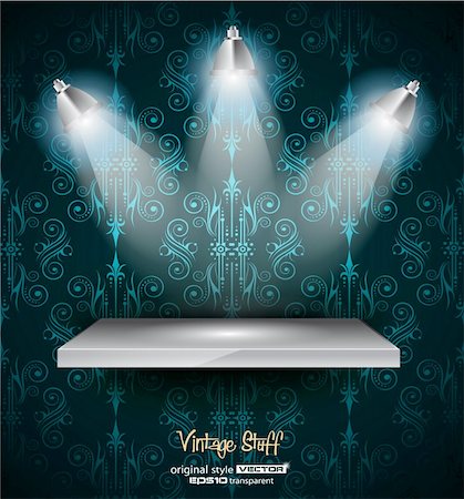 simsearch:400-04205617,k - Shelf with 3 LED spotlights with old dirty look on a vintage seamless wallpaper. Shadows are transparent. Stockbilder - Microstock & Abonnement, Bildnummer: 400-05903159