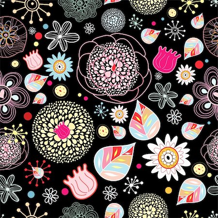 plant drawing decor - seamless flower pattern beautiful color on a black background Stock Photo - Budget Royalty-Free & Subscription, Code: 400-05903162