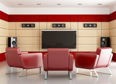 elegant tv room - home cinema with wooden panels and three armchair-rendering Foto de stock - Super Valor sin royalties y Suscripción, Código: 400-05903562