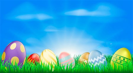 Bright Easter eggs background with pretty decorated Easter eggs in the grass Stock Photo - Budget Royalty-Free & Subscription, Code: 400-05914497