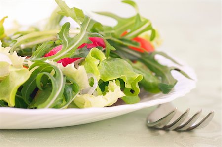 simsearch:400-04901841,k - Healthy vegetable salad with lettuce, spring onion, rocket salad, tomatoes and radish Stockbilder - Microstock & Abonnement, Bildnummer: 400-05915031