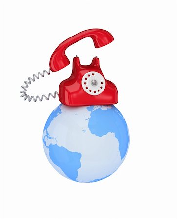 eco travel - Red retro telephone on a globe. 3d rendered. Isolated on white background. Foto de stock - Super Valor sin royalties y Suscripción, Código: 400-05915416