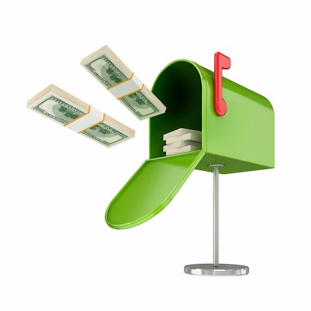 red mailbox - Opened green postbox and flying dollars packs.Isolated on white background.3d rendered. Stock Photo - Budget Royalty-Free & Subscription, Code: 400-05915453