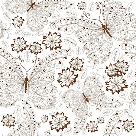 simsearch:400-05922161,k - Repeating white floral pattern with vintage brown butterflies and flowers (vector) Photographie de stock - Aubaine LD & Abonnement, Code: 400-05915464