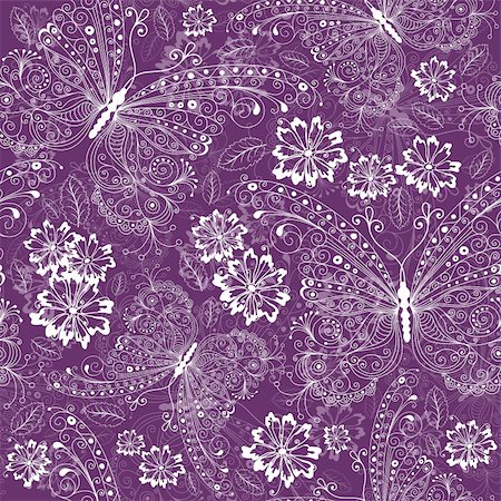 simsearch:400-05922161,k - Violet seamless floral pattern with vintage white butterflies and flowers (vector) Photographie de stock - Aubaine LD & Abonnement, Code: 400-05915472