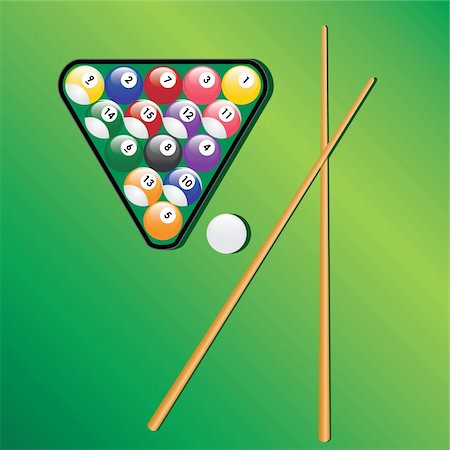 simsearch:400-08156505,k - Billiard balls in triangle and two cues on the green background. Also available as a Vector in Adobe illustrator EPS 8 format, compressed in a zip file. Fotografie stock - Microstock e Abbonamento, Codice: 400-05917060