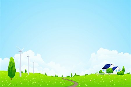 Green Landscape with house clouds flowers and wind power station Stock Photo - Budget Royalty-Free & Subscription, Code: 400-05917109