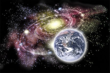 Planet earth in the forground and galaxy in the background Stockbilder - Microstock & Abonnement, Bildnummer: 400-05917205