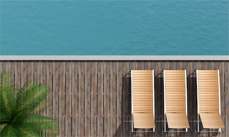 top view of  a boardwalk with three beach chair and palm tree Stock Photo - Budget Royalty-Free & Subscription, Code: 400-05917221