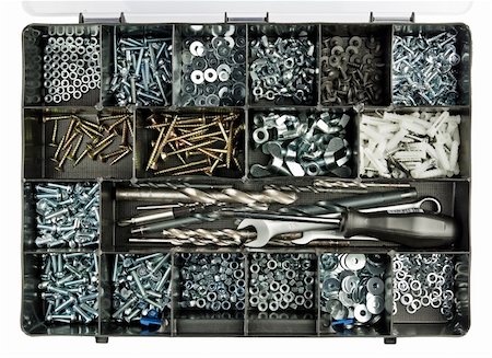 simsearch:400-04009626,k - Plastic handyman's toolbox with screws, bolts and some tools. Foto de stock - Royalty-Free Super Valor e Assinatura, Número: 400-05917231